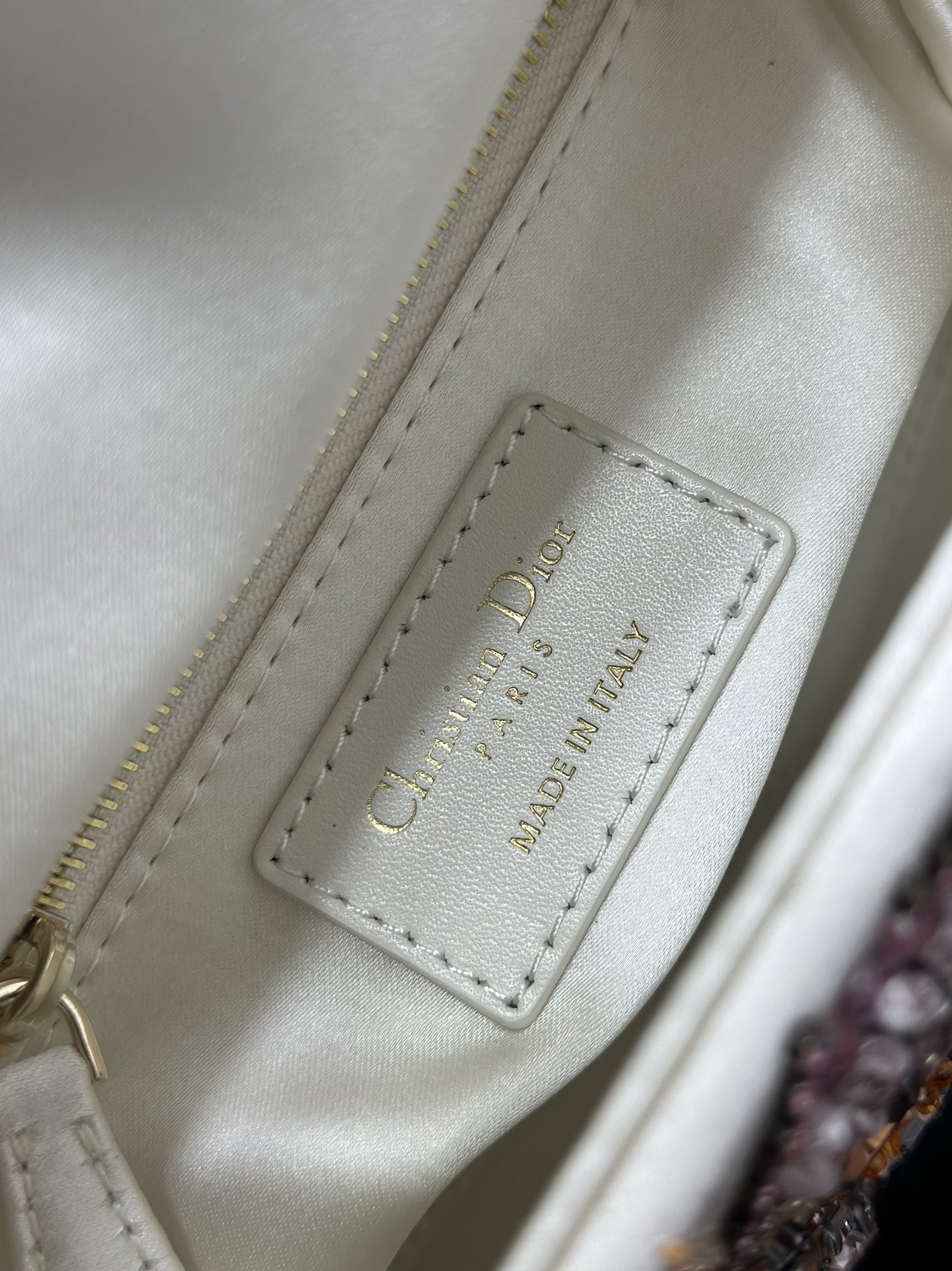 Mini Lady Dior Bag White Satin Embroidered with White Pink Diamond